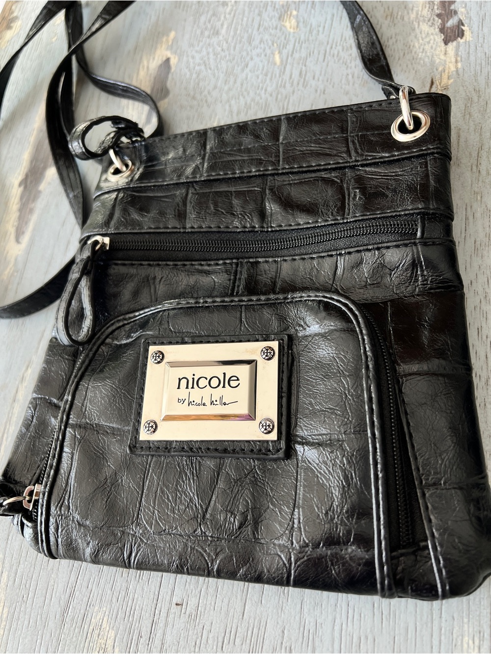 Nicole by Nicole Miller Black Faux-Croc Crossbody Bag - Picture 8 of 12